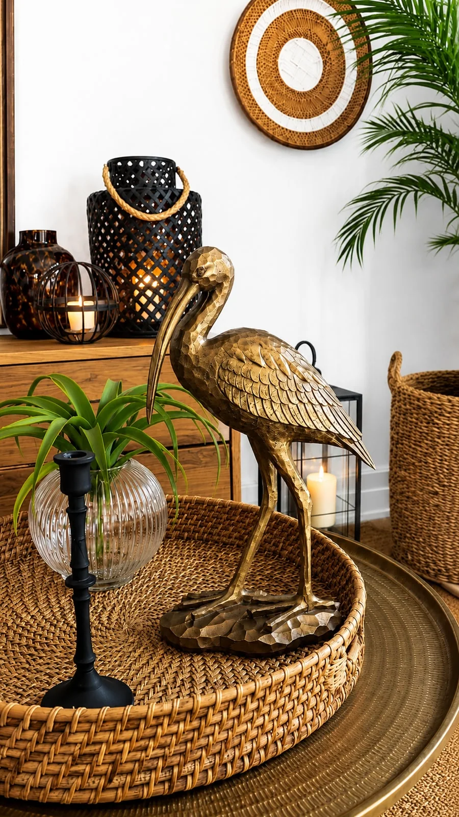 Pence House detail — a brass heron on a rattan tray with candlelight and collected ceramics