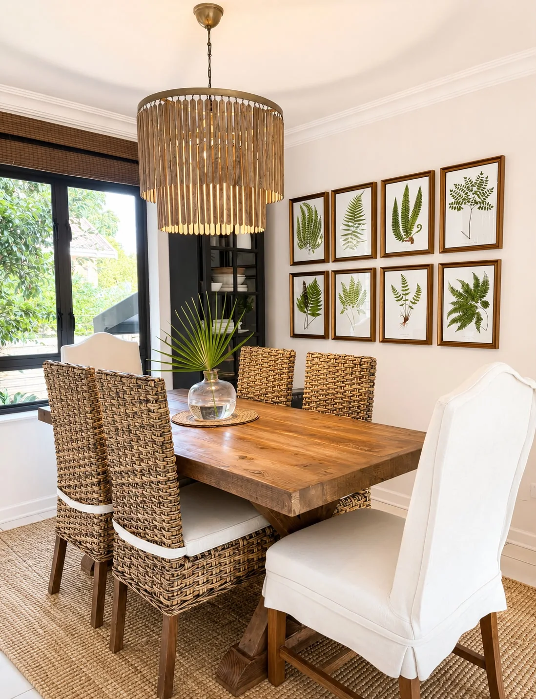 Pence House dining room — reclaimed-wood table, seagrass and linen chairs, beaded drum chandelier and a botanical fern gallery wall